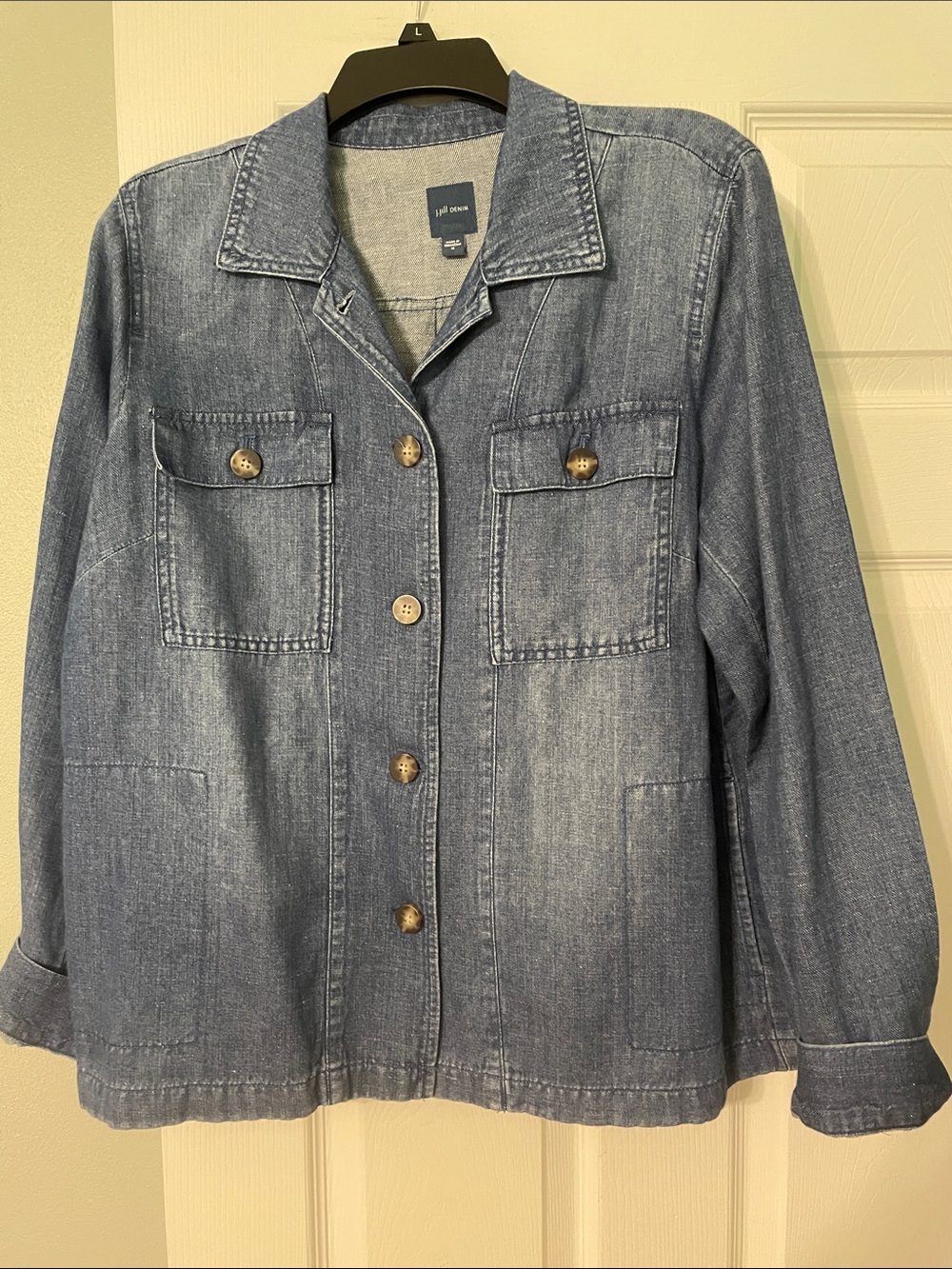 J.Jill Denim Cotton & Linen Blend faded button up jacket in longer length